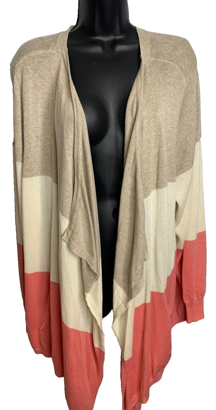 Apt. 9 Gray White Yellow Colorblock Knit Open Front Cascade Cardigan Pockets 2X